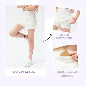 Detail of girls white tennis shorts with built-in liner and hidden ball storage pockets