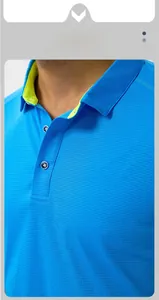 Close-up of blue polo shirt with neon yellow collar trim and breathable mesh fabric