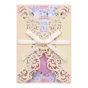 European Laser Cut Wedding Invitations Shell Inner Card Envelope Ribbon Pearlescent Paper Elegant Floral Bow Greeting Cards