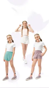 Close-up of girls' two-piece activewear set featuring quick-dry tees and high-waist shorts