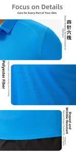 Detail of four-needle six-thread stitching and breathable knit texture on blue polo shirt