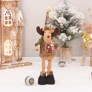 Detailed plush Christmas reindeer figurine with plaid hat and telescopic long legs