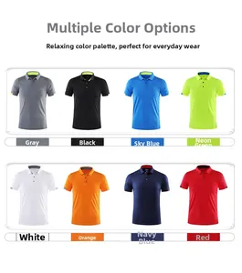 Detailed catalog showing eight color variations of men's breathable sports polo shirts