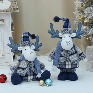 Nordic Blue Plaid Christmas Reindeer Plush Doll Ornament Knitting Long Nose Deer Figurine For Xmas Holiday Home Decor