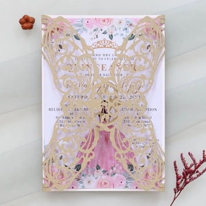 Detailed laser-cut gold glitter butterfly invitation with floral insert for Quinceañera