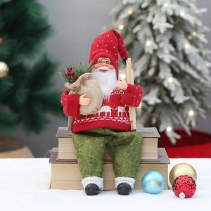 Handcrafted 12-inch standing Santa Claus figurine with red knit hat and wooden skis