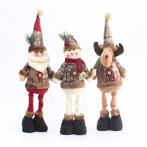 Christmas Retractable Leg Plush Doll Santa Claus Snowman Reindeer Plaid Fabric Figurines Xmas Ornaments Holiday Home Decor