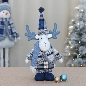 Blue fabric Christmas deer doll with pointed hat and knit coat for holiday decor