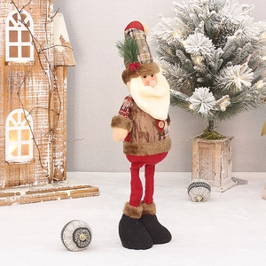 Standing Santa plush doll with telescopic legs and plaid hat for Christmas decor