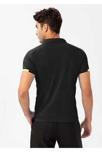 Rear view of black polo shirt with fluorescent yellow trim and breathable mesh texture