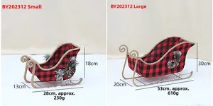 Detailed size comparison of red buffalo plaid Christmas sleigh decor with pine cones