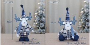Size comparison of plush blue Christmas reindeer dolls with pointed hats and scarves
