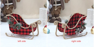 Detailed side views of a buffalo plaid Christmas sleigh with pine cones and berries