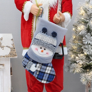 Knitted blue Christmas stocking with 3D snowman, festive plaid toe and bell ornament