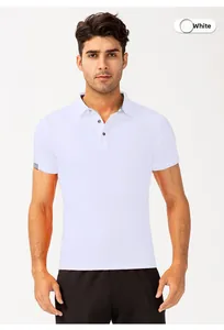 Detailed view of white men's polo shirt featuring a three-button collar and breathable mesh fabric