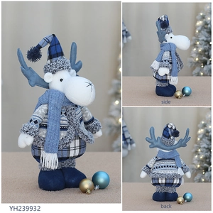 Three-sided view of blue fabric reindeer plush showing front, side, and back details