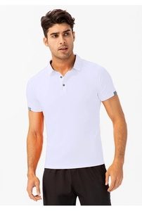 Close-up of white breathable mesh polo shirt featuring grey accents and buttoned collar