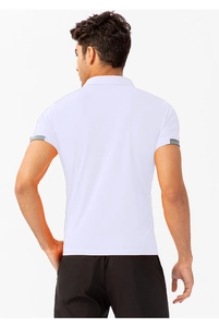 Rear view of white polo shirt showing breathable mesh fabric and athletic fit on model