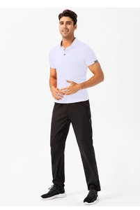Men's white quick-dry polo shirt with grey sleeve detail and black casual pants outfit