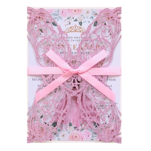 Pink glitter laser-cut butterfly invitation card with floral insert and satin ribbon bow