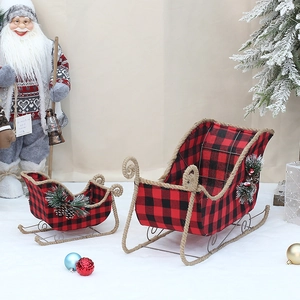 Christmas Buffalo Plaid Sleigh Decoration With Pine Cones Pine Needles Fabric Iron Sled Ornament For Xmas Home Table Decor