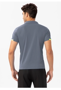 Rear view of men's grey sports polo shirt with neon yellow sleeve trim and breathable fabric