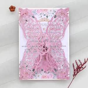 Laser-cut butterfly glitter invitation with floral Quinceañera inner card detail