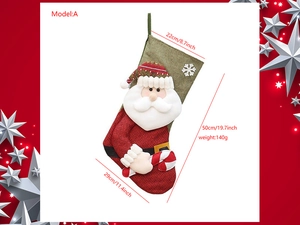 Detailed view of large burlap Christmas stocking with 3D Santa Claus and cane decor