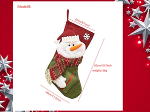 Detail of 19.7 inch linen Christmas stocking featuring a 3D snowman and size dimensions