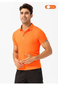 Detail of breathable orange men's sports polo shirt with moisture-wicking honeycomb texture