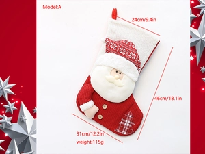 Detailed size specifications for red knitted Christmas stocking with 3D Santa and tree