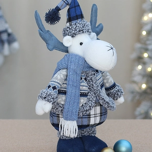 Plush Christmas reindeer doll with blue plaid hat and knit scarf for winter decor
