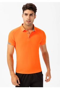 Close-up of orange polo shirt with gray contrast collar and breathable mesh fabric