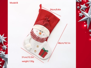 Detail of red and white knitted Christmas stocking with 3D snowman and size dimensions