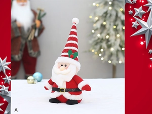 Détail d'une peluche de Père Noël avec long bonnet rayé et tenue en tricot pour Noël