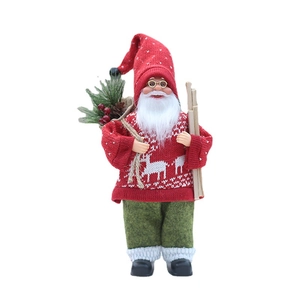 Standing Santa Claus doll in red knitted sweater with white elk pattern and long beard