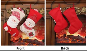 Detail of red and white knitted Christmas stocking featuring 3D Santa and Snowman motifs