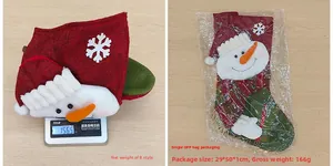 Detail showing 156.5g net weight and OPP bag packaging for snowman Christmas stocking
