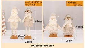 Detail showing telescopic legs of plush Santa and Snowman with height comparison