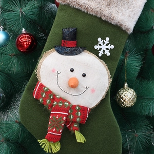 Detail of Christmas stocking with green felt, snowman applique, and brown faux fur trim