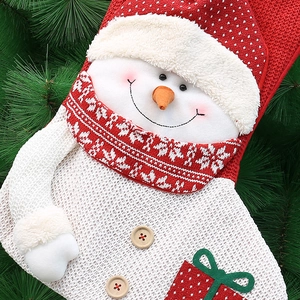 Detailed view of knitted Christmas stocking with 3D snowman and wooden buttons