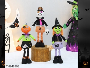 Three plush Halloween dolls featuring a pumpkin head, skull, and witch for scene decor