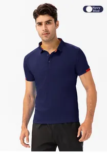 Detail of navy blue men's polo shirt with red contrast stripes on collar and cuffs