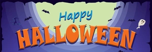 Purple Halloween banner detail with 3D orange text, bats, ghosts, and flying witch elements
