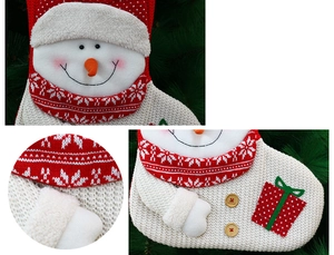 Detail of knitted snowman Christmas stocking with plush fabric and wooden buttons
