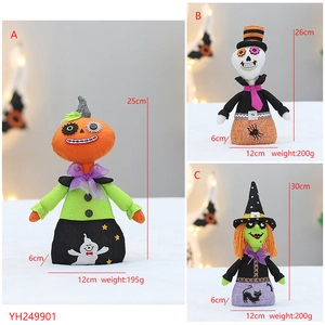 Detailed size specifications for Halloween fabric plush pumpkin, skull, and witch dolls