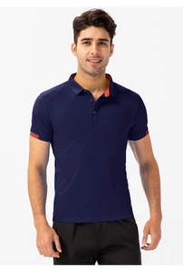 Close-up of navy blue polo shirt featuring red contrast collar and breathable mesh fabric