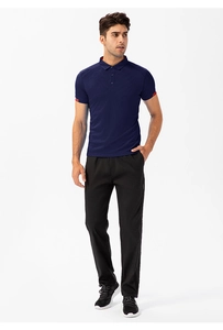 Men's navy blue polo shirt with red sleeve trim and 3-button collar detail