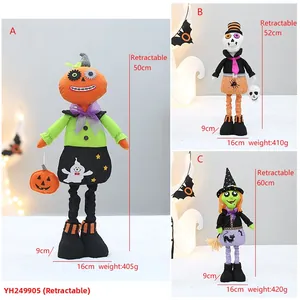Three Halloween telescopic plush toys with pumpkin, skull, and witch designs shown with dimensions