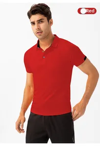 Detail of red men's athletic polo shirt showing breathable mesh fabric and black collar trim